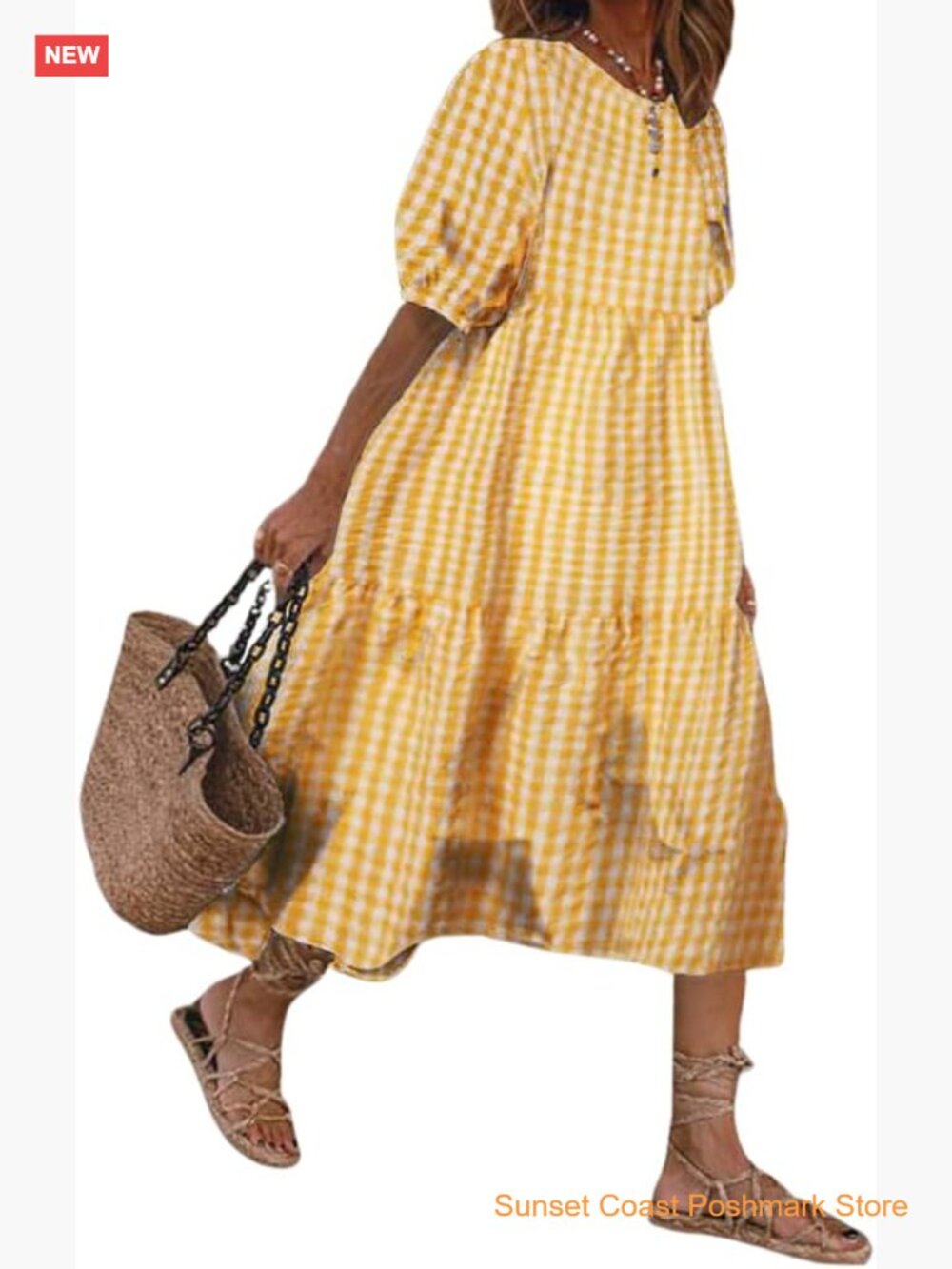 Women's Retro Lantern Puff Sleeve Plaid Swing Tiered Midi Dress